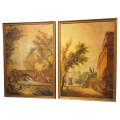Paire de peintures italiennes anciennes de paysages de Capriccio, vers 1850