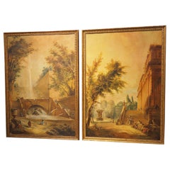 Pareja de cuadros antiguos italianos Capriccio Landscape, circa 1850
