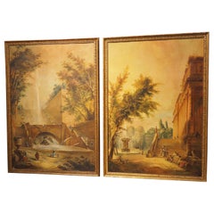 Pair of Antique Italian Capriccio Landscape Paintings, Circa 1850