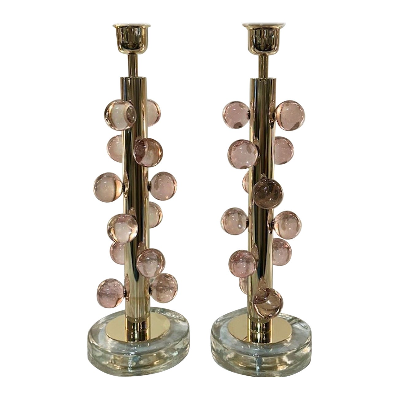 Pair of Brass and Pink Glass Ball Form Lamps For Sale