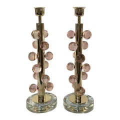 Pair of Brass and Pink Glass Ball Form Lamps