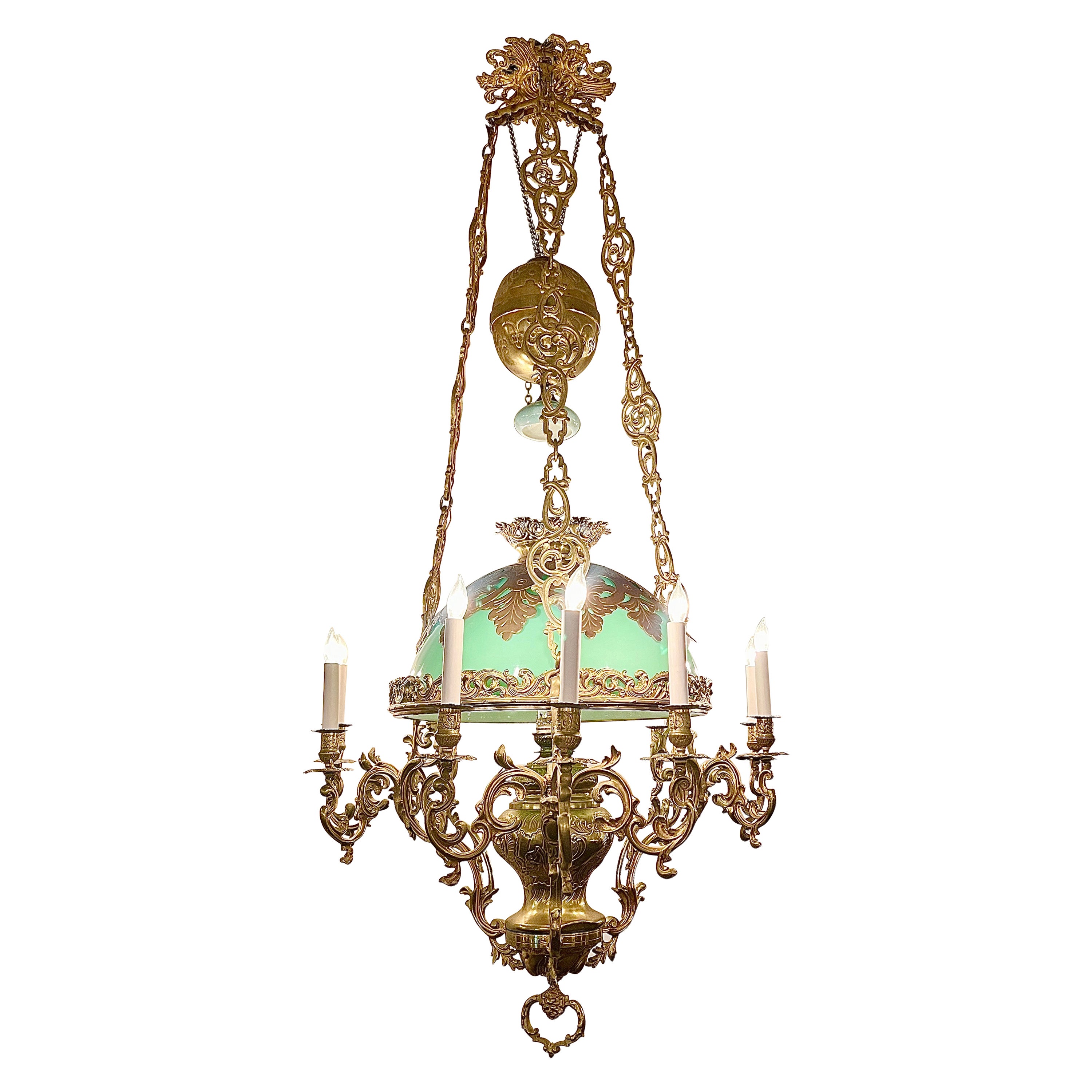 Antique French Gold Bronze & Opaline Glass Suspension Chandelier, Circa 1890.