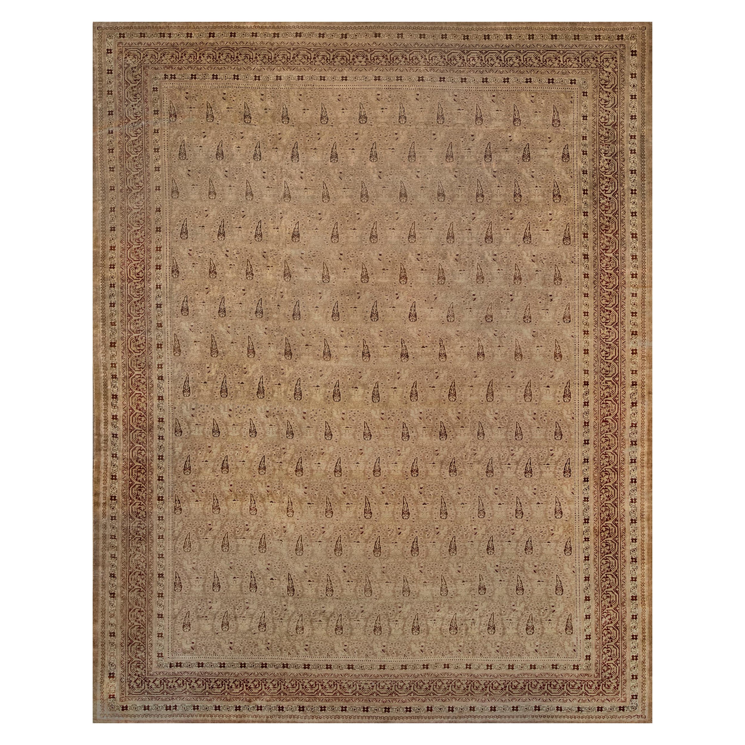 Antique Circa-1900 Camel-Brown Hand-woven Wool Boteh Indian Agra Rug For Sale