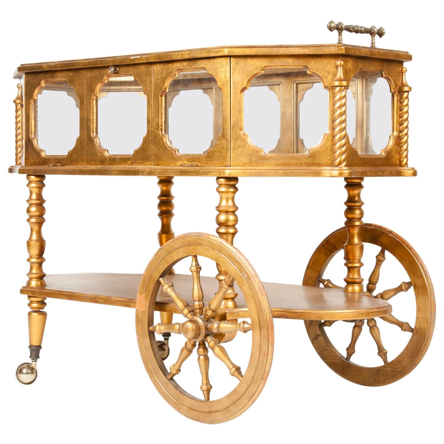 Vintage Gilded Bar Cart with Wheels For Sale at 1stdibs