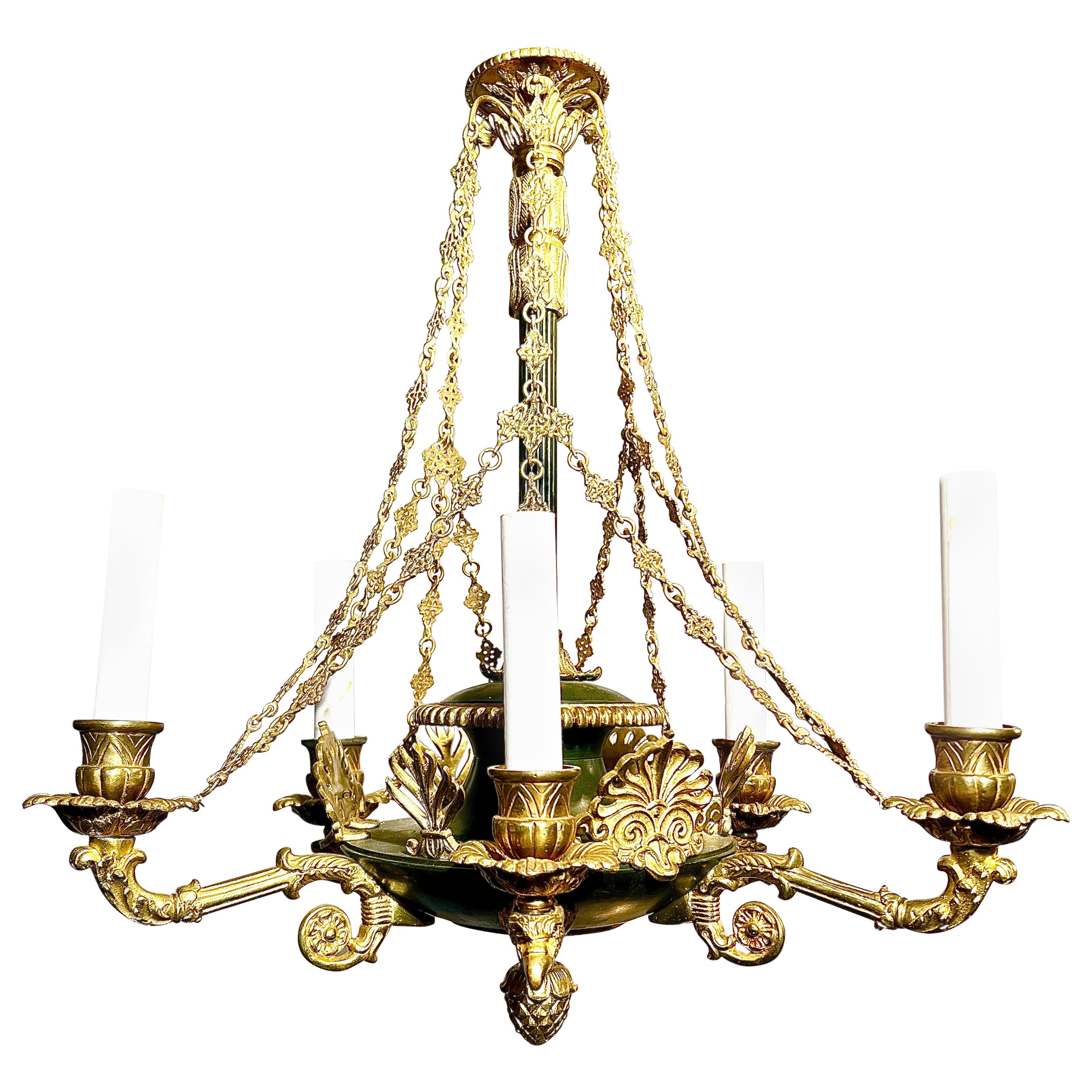 Antique French Empire Gold Bronze and Patinated Bronze Chandelier, Circa 1880. For Sale