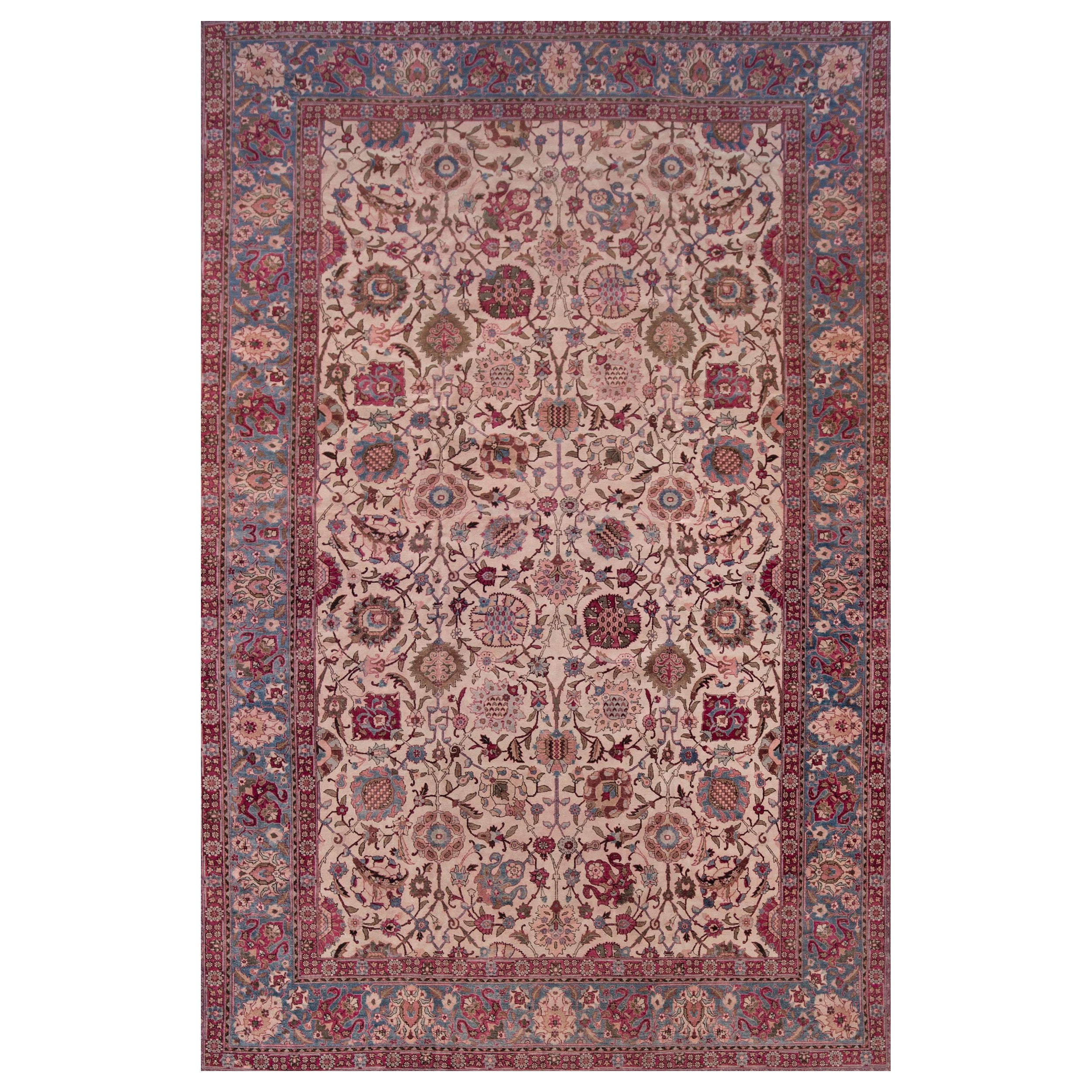 Hand-woven Vintage Circa-1940 Pink Floral Wool Persian Tabriz Rug For Sale