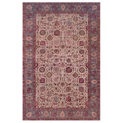 Hand-woven Antique Circa-1940 Pink Floral Wool Persian Tabriz Rug