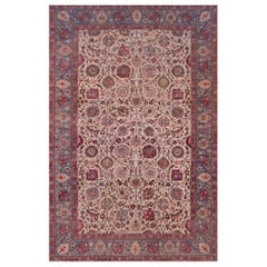 Hand-woven Vintage Circa-1940 Pink Floral Wool Persian Tabriz Rug