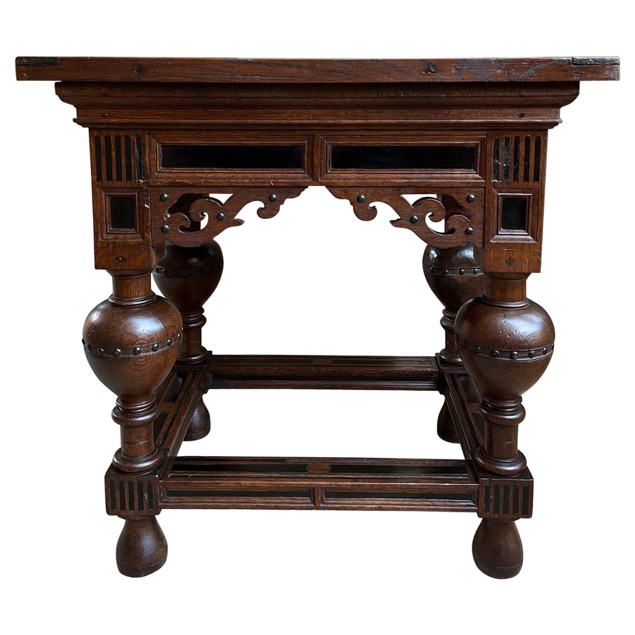 Antique Dutch Sofa Side Table Carved Oak Bulbous Leg Baroque Ebonized Danish