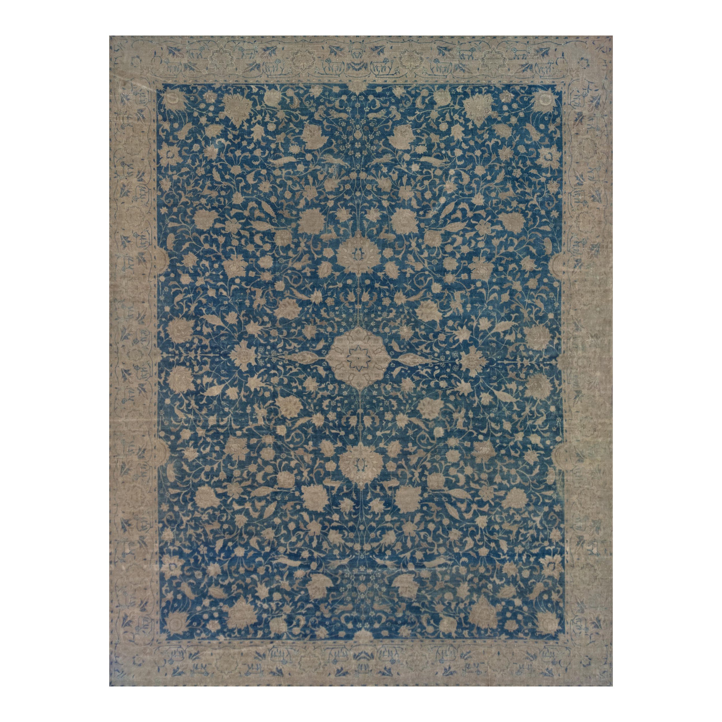 Hand-knotted Antique Circa-1900 Blue Floral Authentic Indian Agra Rug,  15'x20' For Sale
