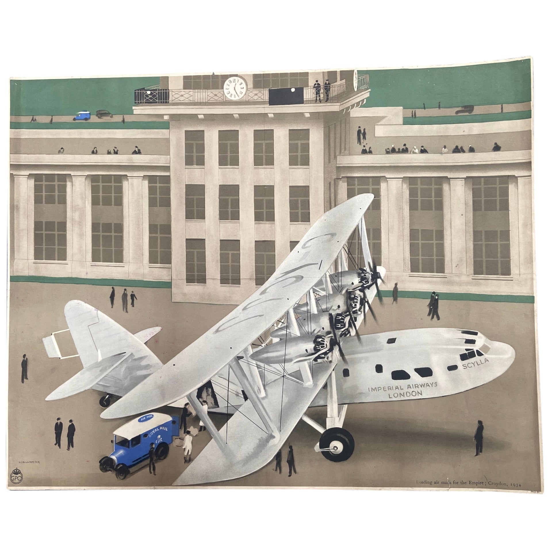Imperial airways GPO poster by H S Williamson, original 1934 coloured lithograph For Sale