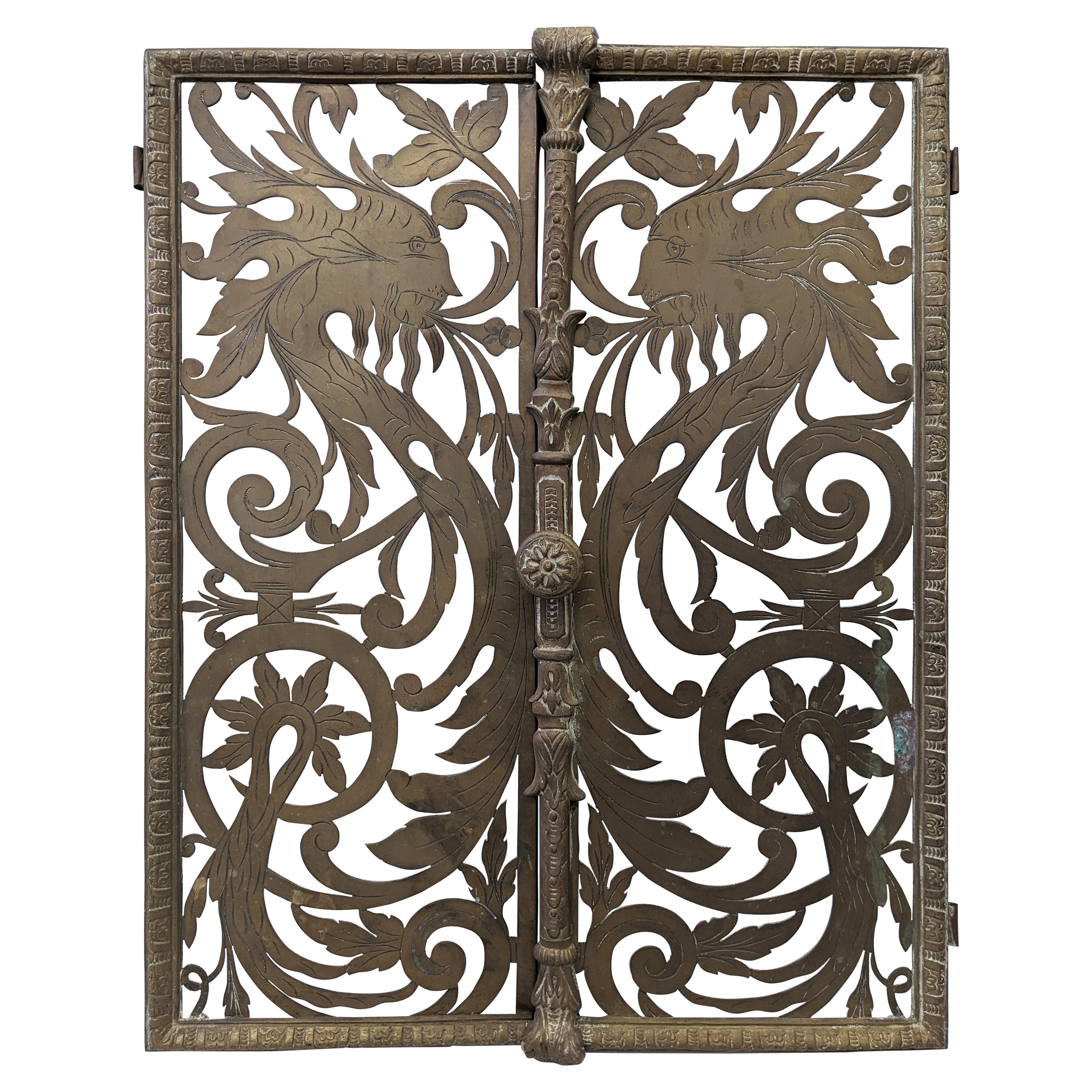 Pair of Victorian Pierced and Etched Brass Griffin Motif Gates
