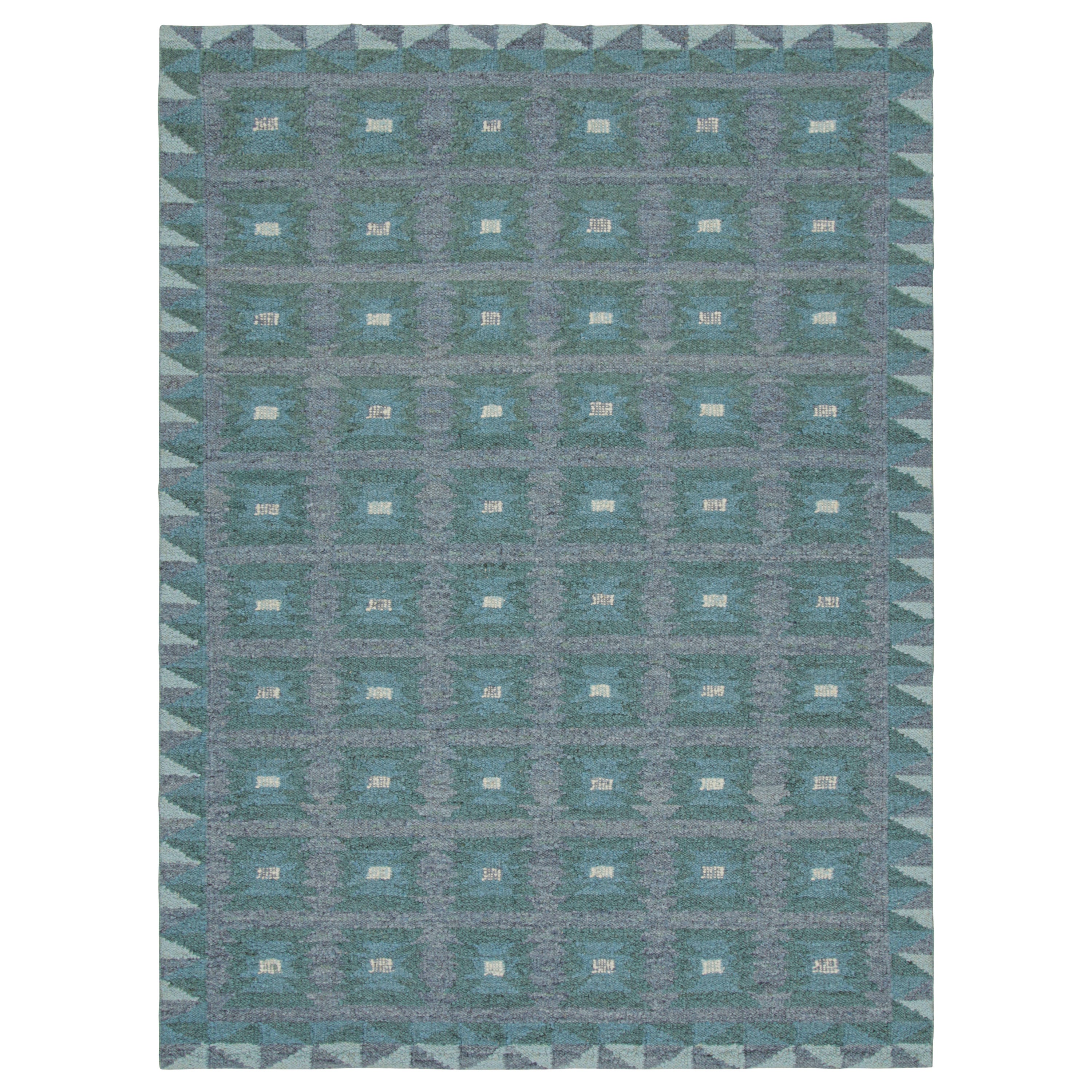 Rug & Kilim’s Scandinavian Rug with Teal and Blue Geometric Patterns For Sale