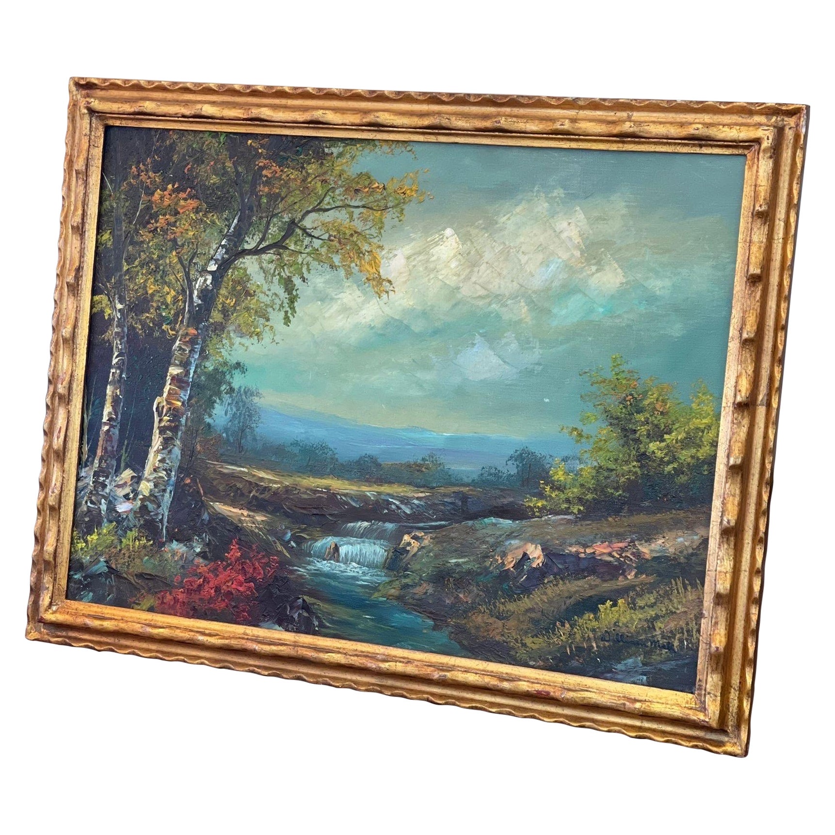 Peinture originale vintage encadrée et signée d'un paysage pittoresque.