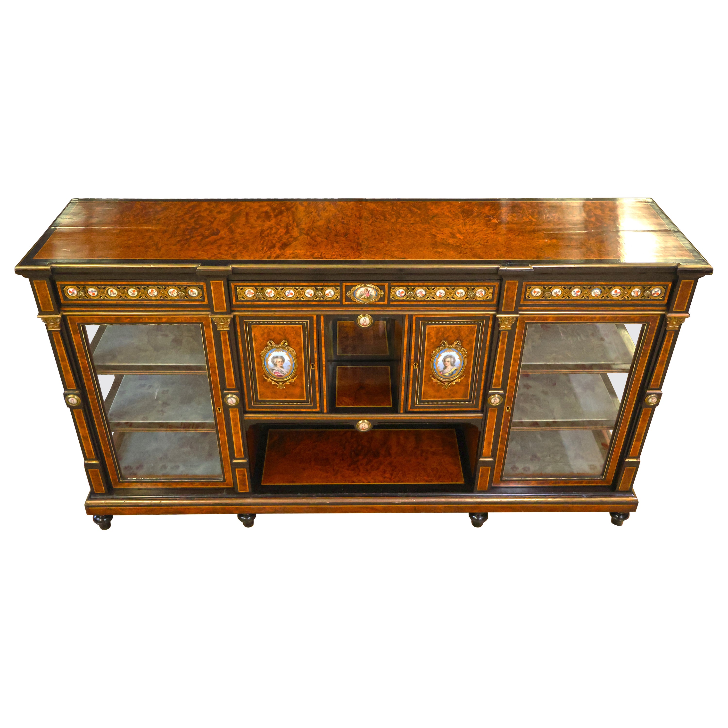 19th Century Napoleon III Style English Inlaid Porcelain Sideboard S. Hall & Son For Sale