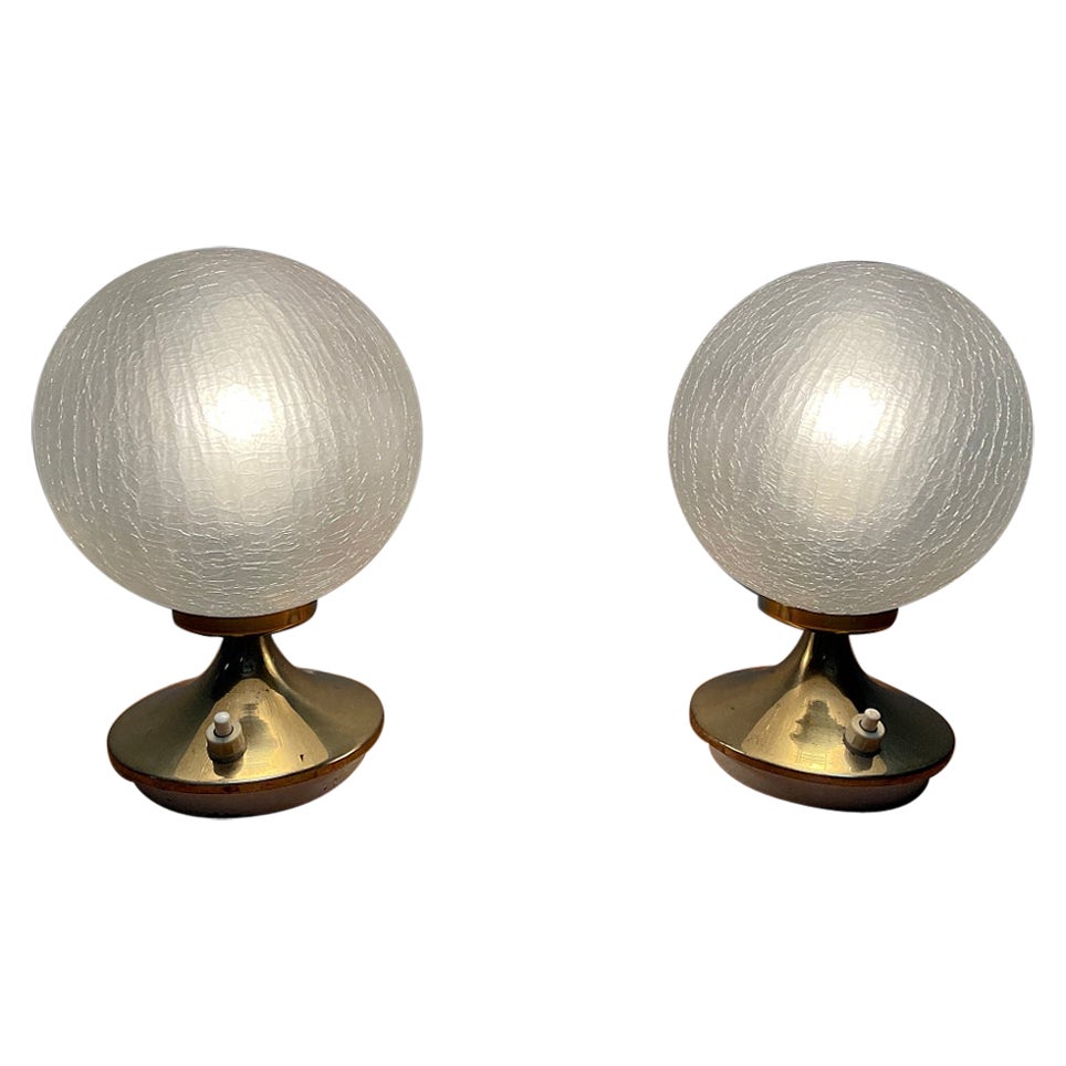 DORIA Crackle Ice Glass & Polished Brass Globe Nightstand Lamps, 1960s, Germany