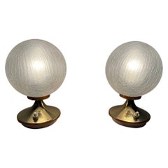 Vintage DORIA Crackle Ice Glass & Polished Brass Globe Nightstand Lamps, 1960s, Germany