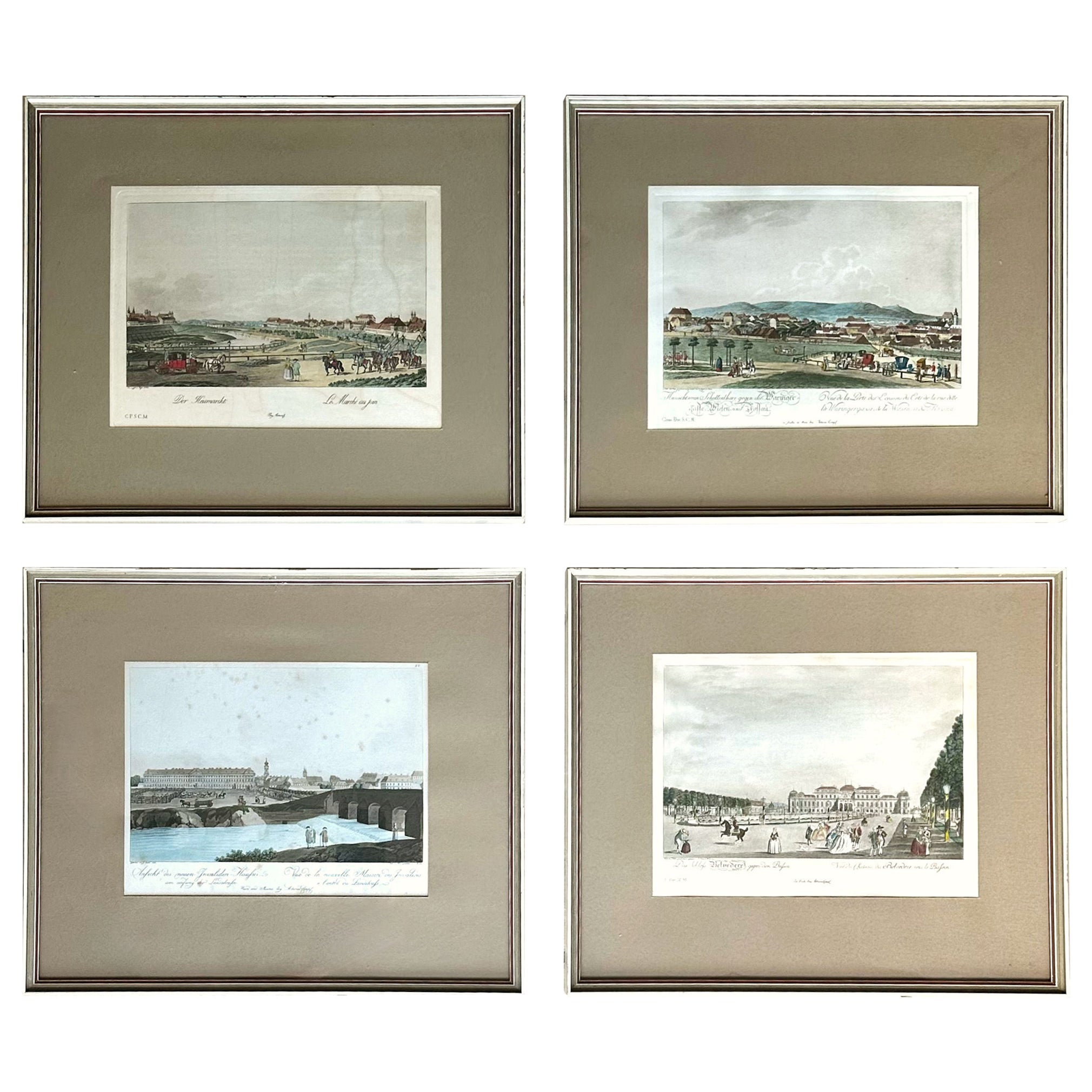 Set of Four German 18th Century Colored City View Engravings For Sale