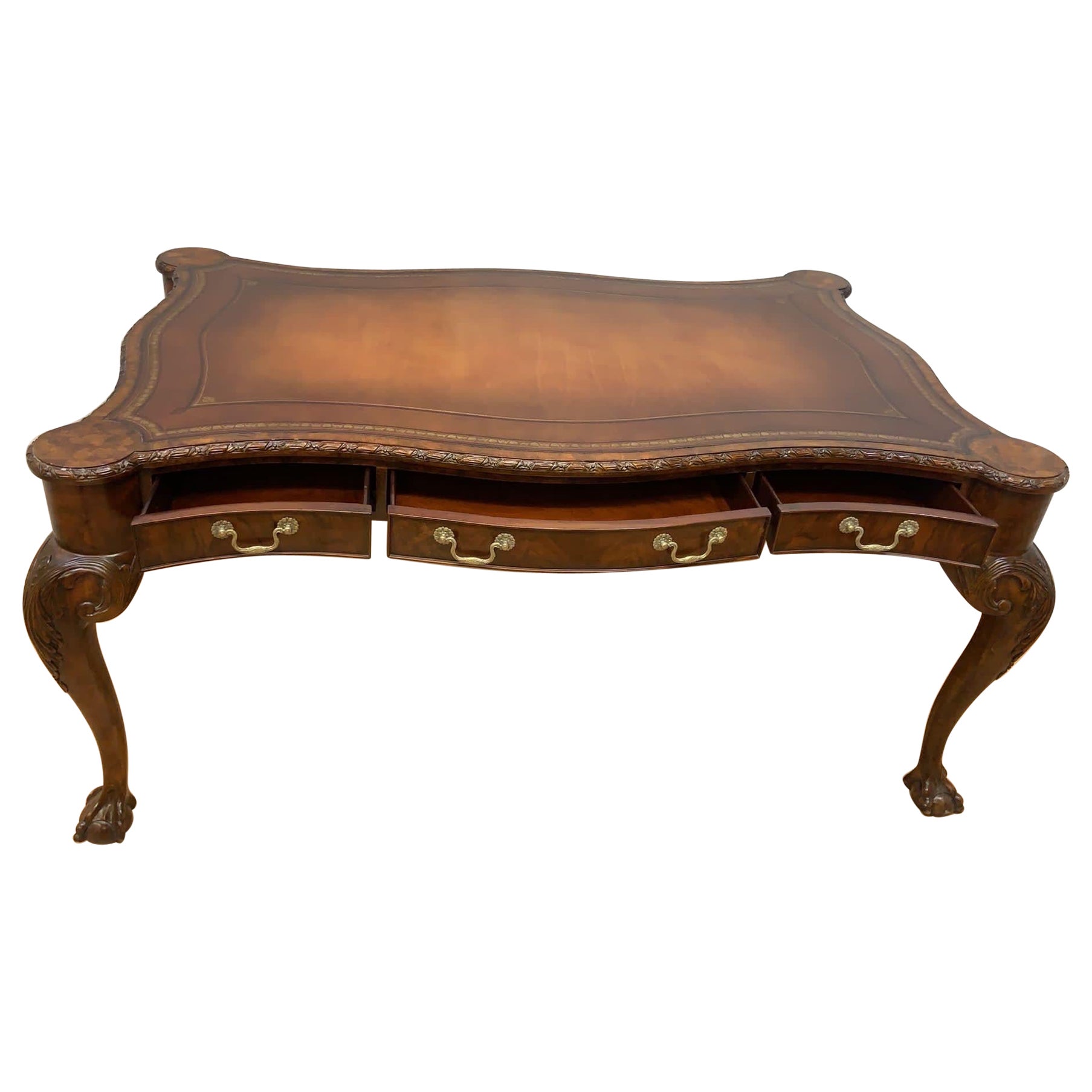 Vintage Chippendale Style Carved Walnut Executive Writing Desk by Maitland Smith For Sale
