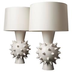 Pair of Ivory Ceramic Lamps by Jean Roger