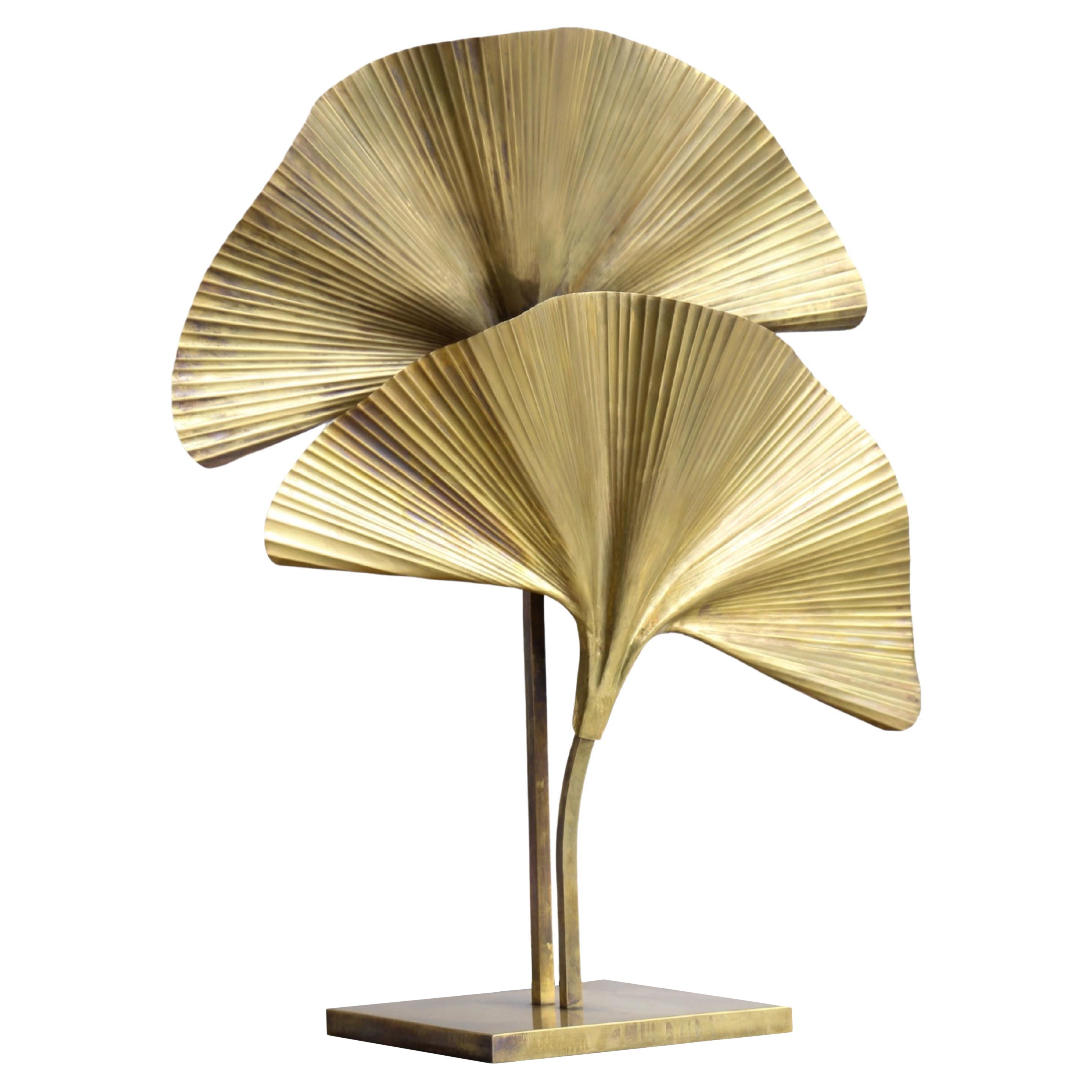 Ginko Brass Table Lamp with Two Leaves For Sale