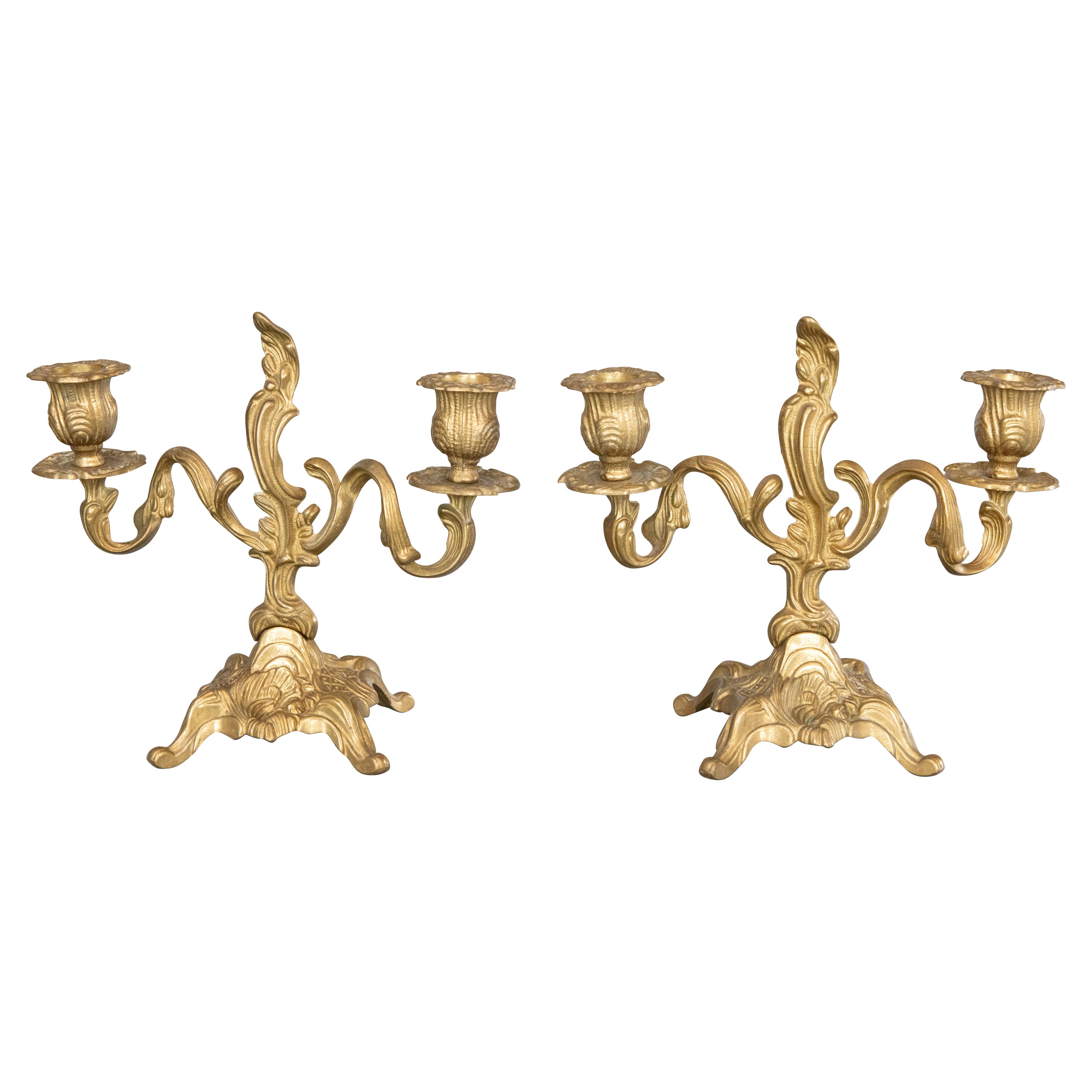 Pair of Italian Rococo Style Gilt Brass Candelabras Candle Holders, circa 1950 For Sale