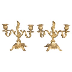 Pair of Italian Rococo Style Gilt Brass Candelabras Candle Holders, circa 1950
