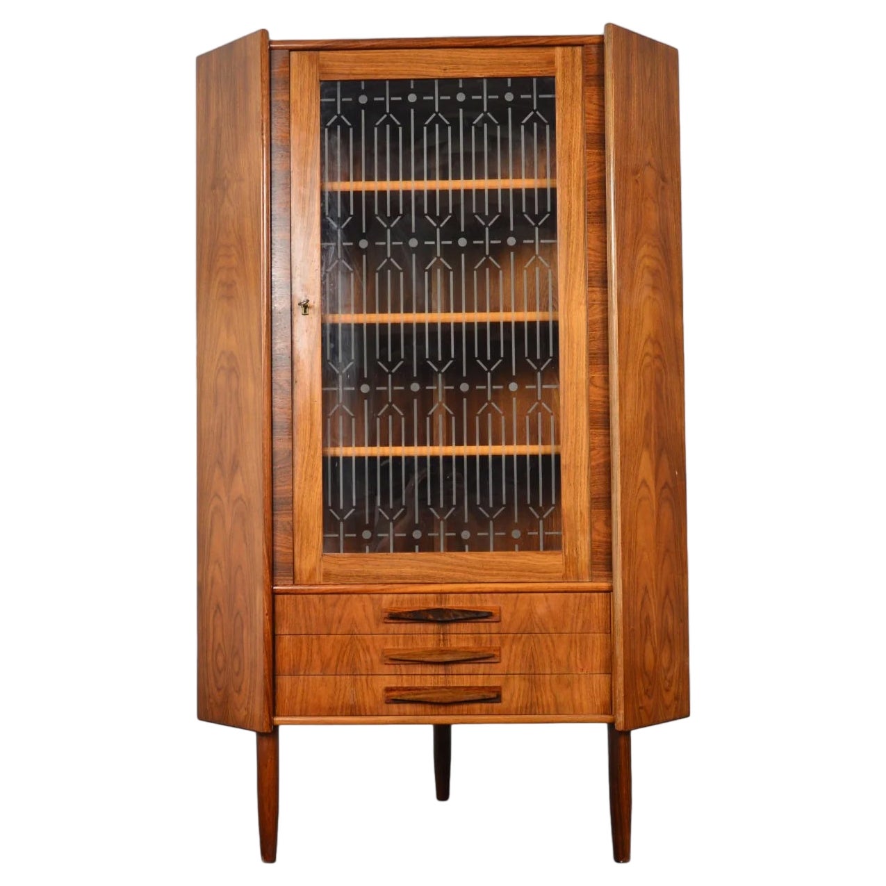 Danish Modern Corner Unit In Rosewood + Etched Glass For Sale