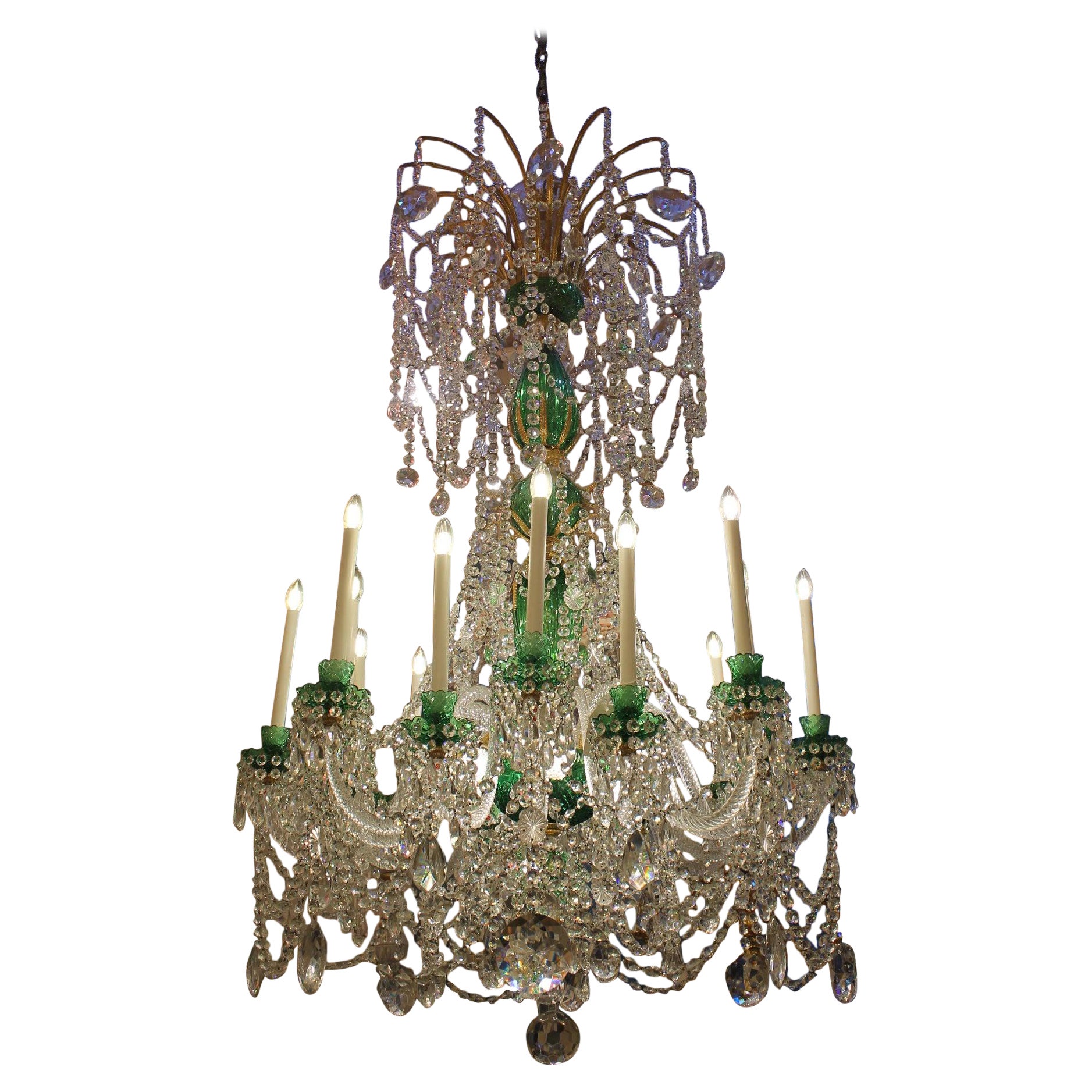 Magnificent English Perry & Co 2m green & clear crystal chandelie For Sale