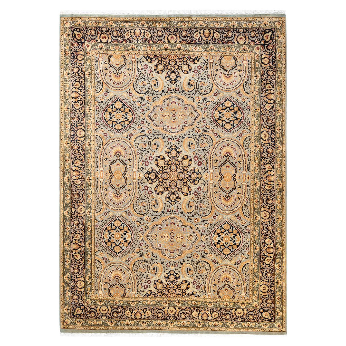 Traditional Mogul Hand Knotted Wool Gray Area Rug For Sale