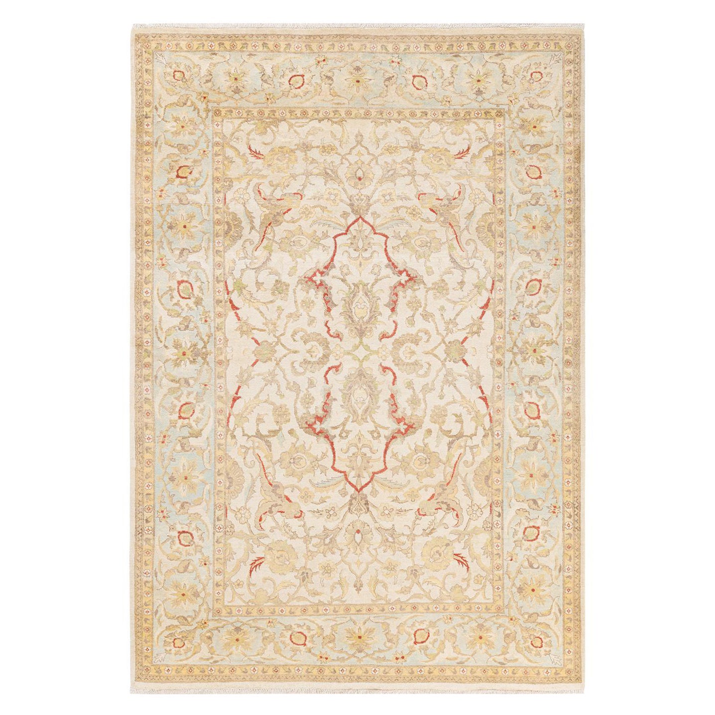 Contemporary Eclectic Hand Knotted Wool Ivory Area Rug For Sale