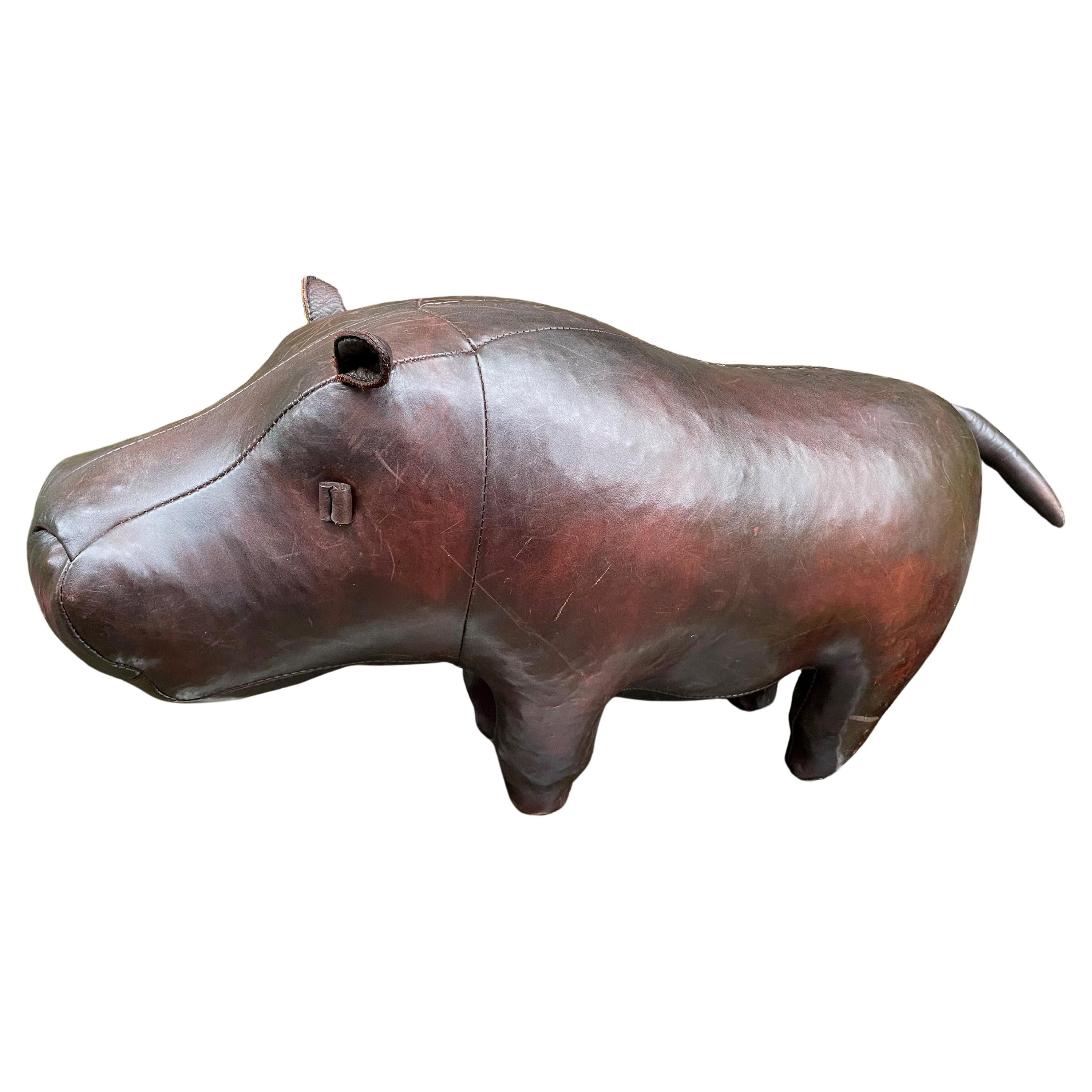 Charming hippopotamus by Dimitri Omersa. Leather footstool. For Sale