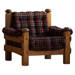 Brutalist Lounge Chair in Solid Pine, Swedish Modern, Made in the 1970s