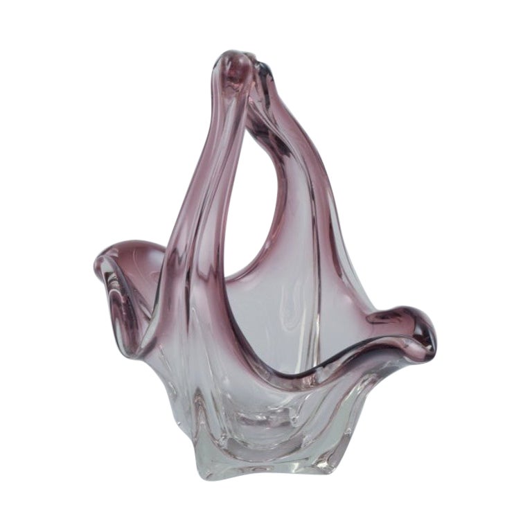 Murano, Italy. Large basket in art glass. Clear and violet glass.  For Sale