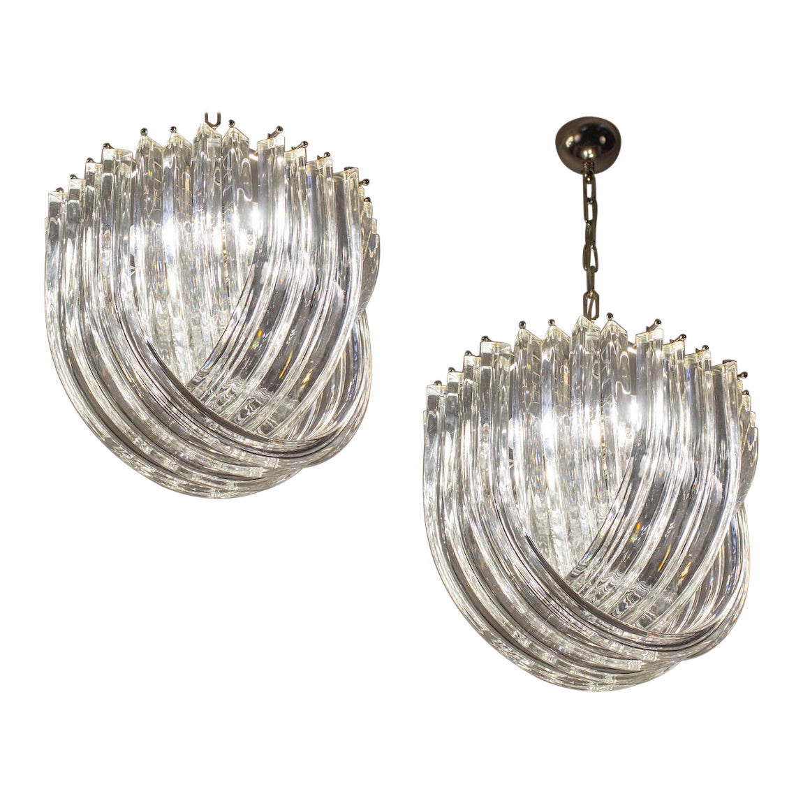 Pair of Triedri Curvati Murano Glass Chandelier by Carlo Nason for Venini 1970'