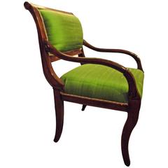 Neoclassic Armchairs covered in Green Silk with Gold leaf details