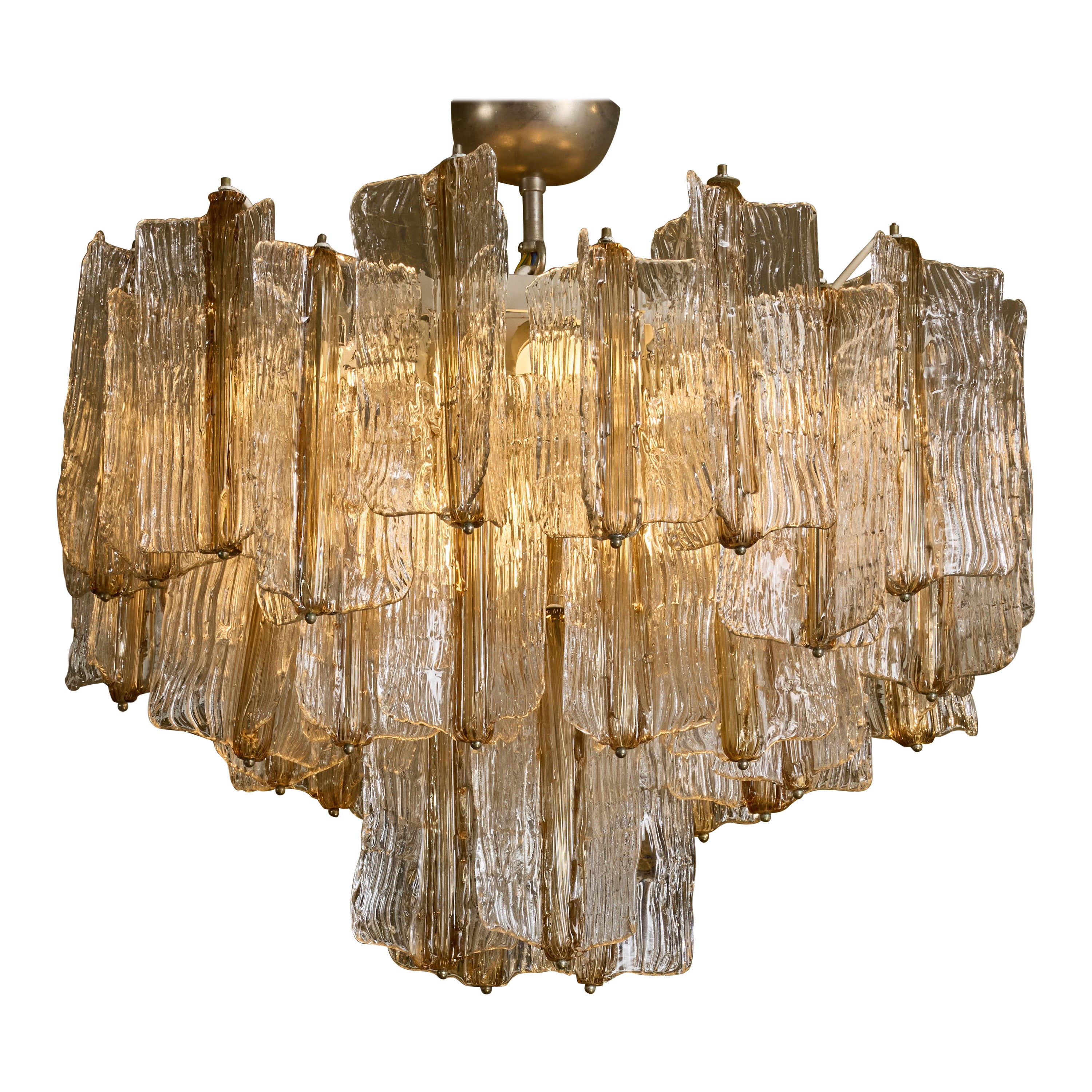 Pair of Mid Century Clear and Smoked Murano Glass with Brass Accents Chandelier 