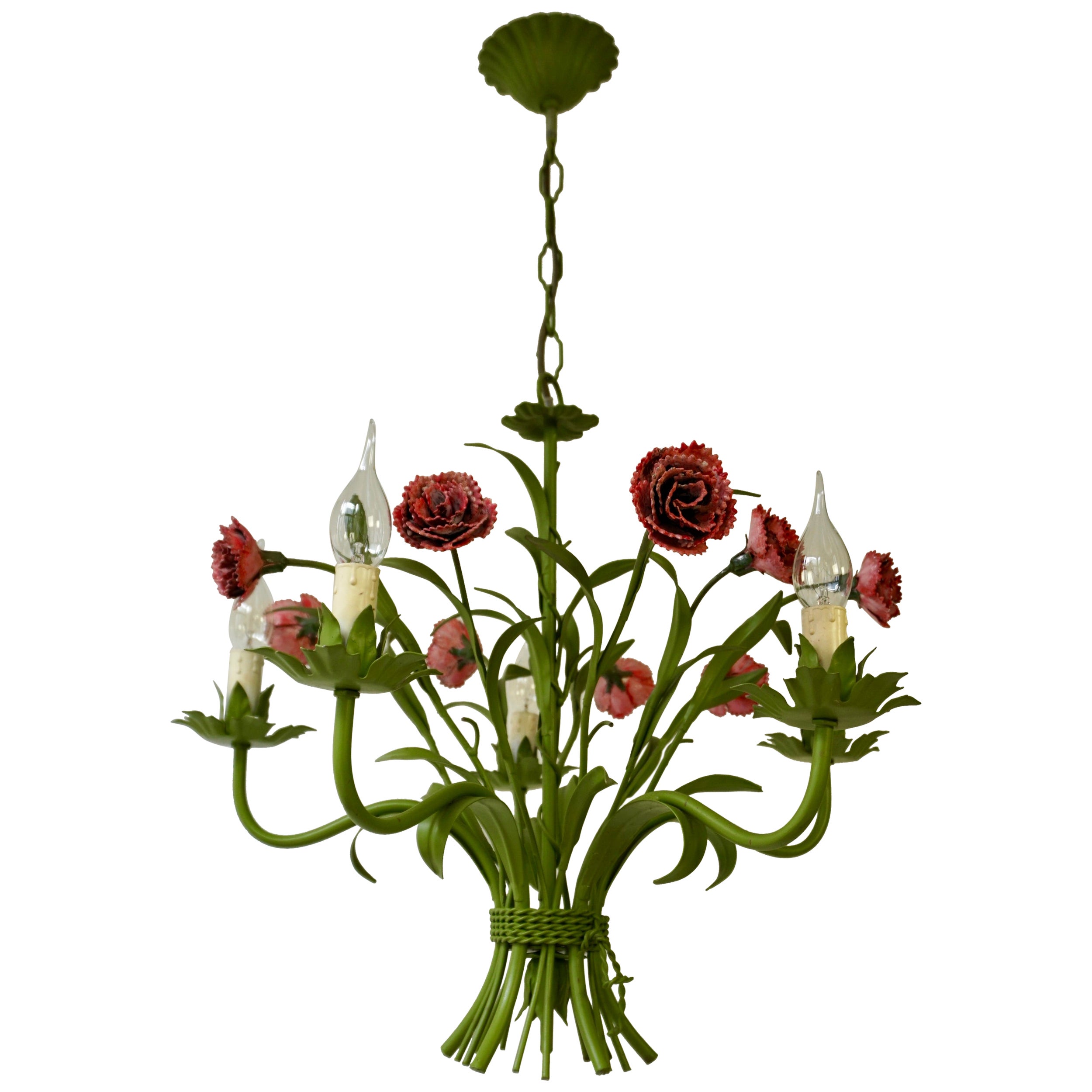Lustre à cinq lumières en forme de fleur de la Tole italienne du milieu du siècle dernier
