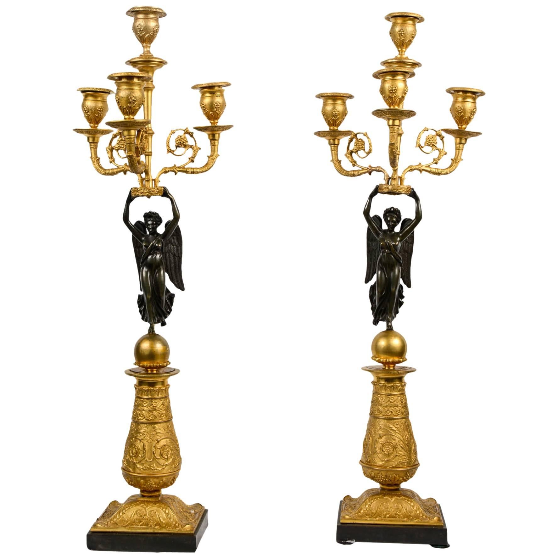 Pair of Gilded and Patined Candelabras in Bronze, France, 1870 For Sale