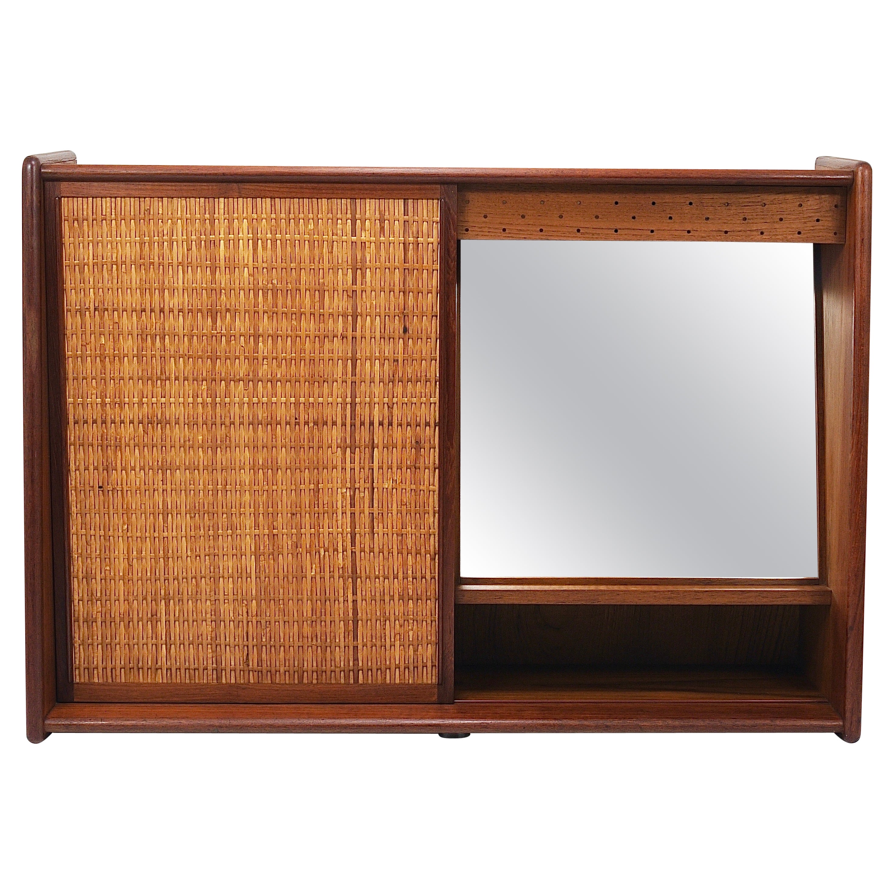 Arne Wahl Iversen Wall Mirror & Shelf Cabinet, Teak & Cane for Brenderup Denmark For Sale