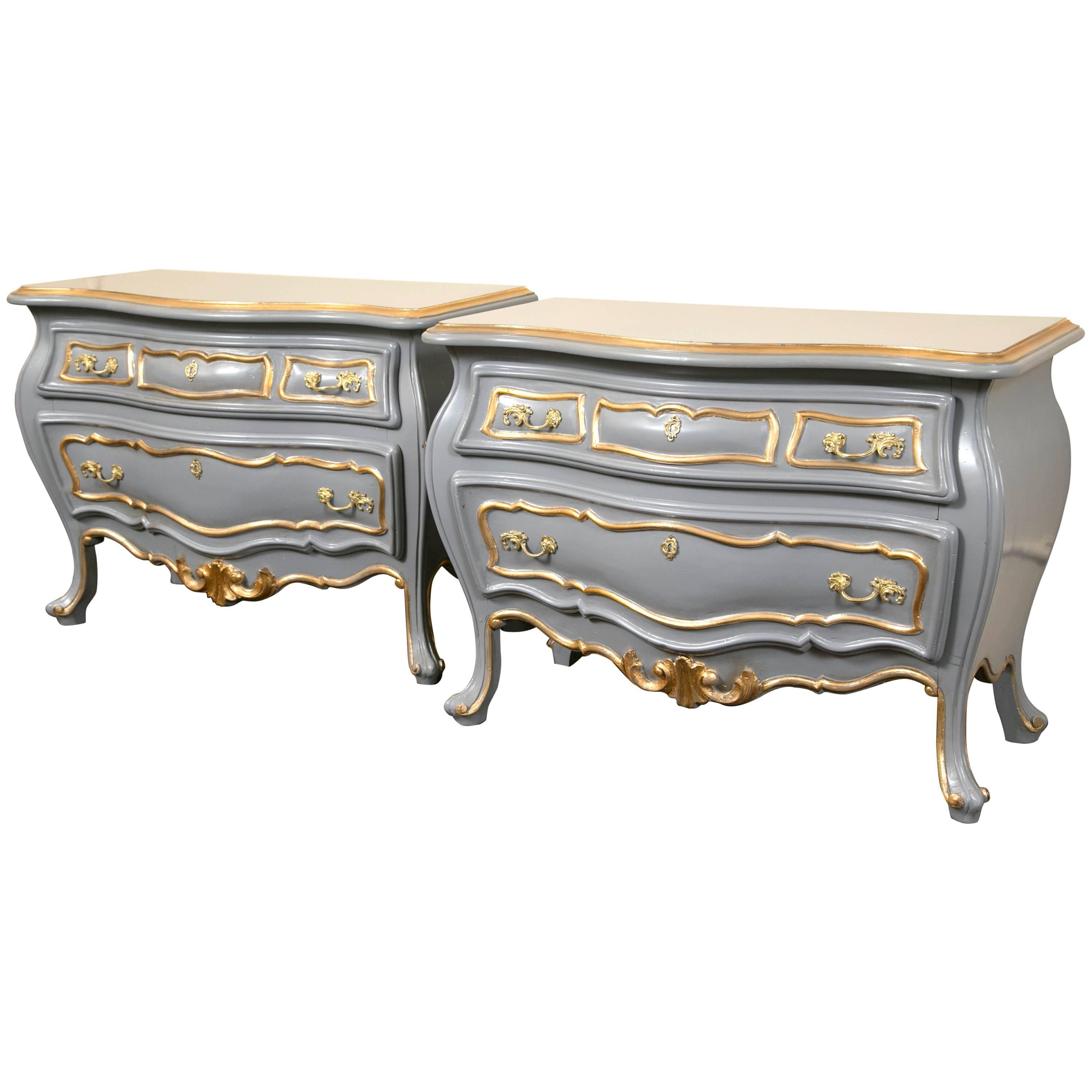 Pair Louis XV Style Parcel Paint and Gilt Decorated Bombe Commodes Nightstands