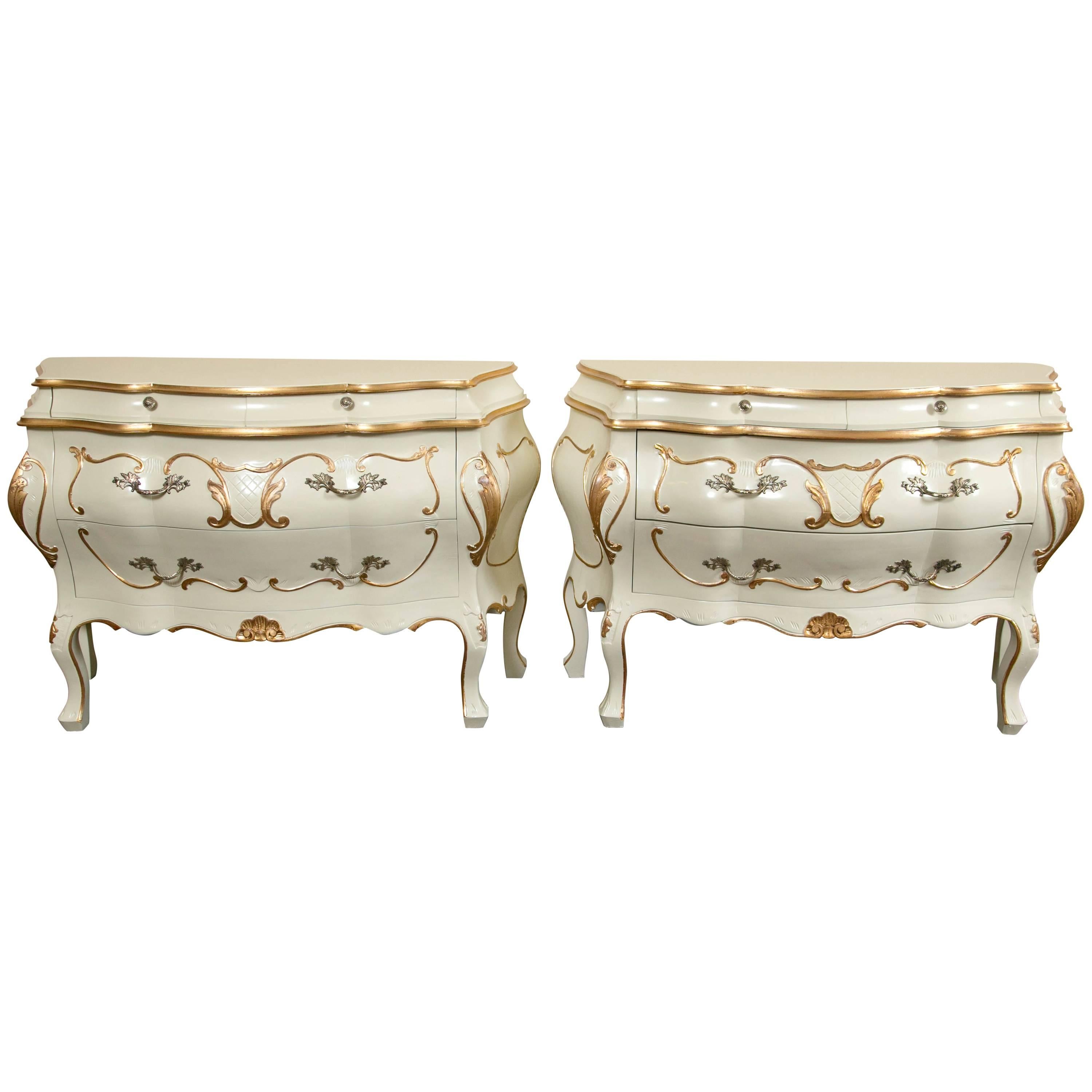 Pair Parcel Paint and Gilt Decorated Italian Bombe Commodes, Night Tables