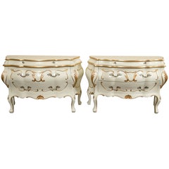 Pair Parcel Paint and Gilt Decorated Italian Bombe Commodes, Night Tables