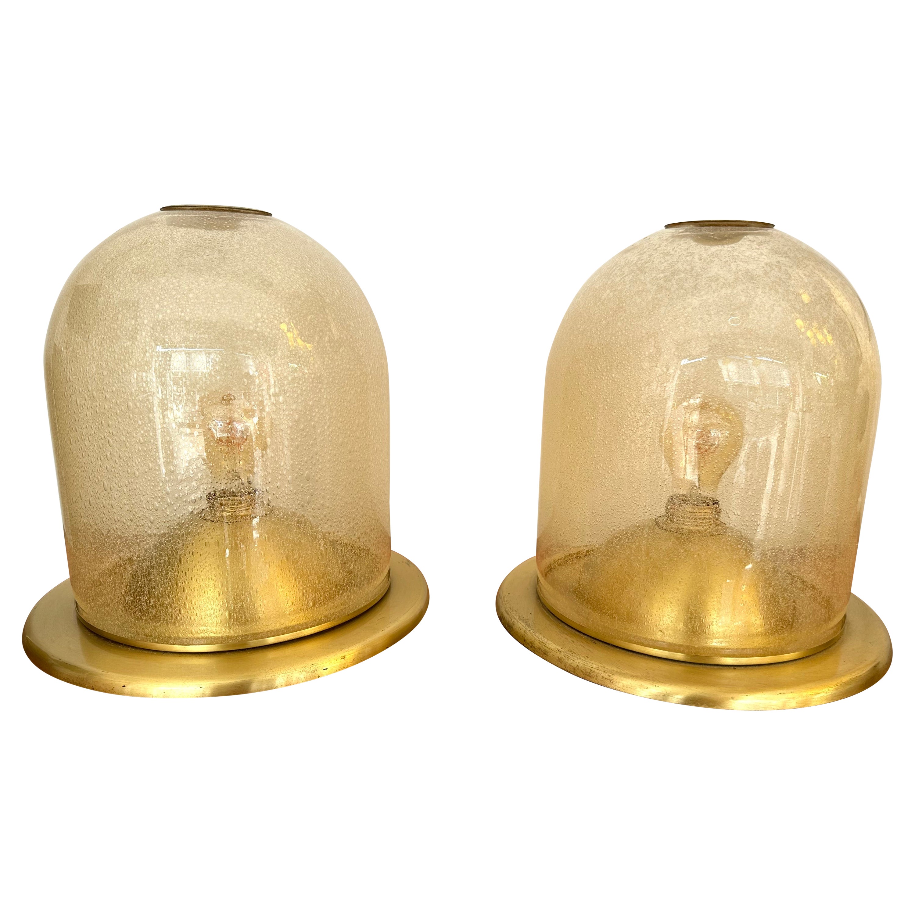 Pair of Lamps Brass and Gold Bubble Murano Glass by F. Fabbian, Italy, 1970s For Sale
