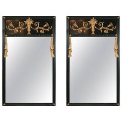 Pair of Ebonized Gilt Drapery Form Carved Trumeau Mirrors 8
