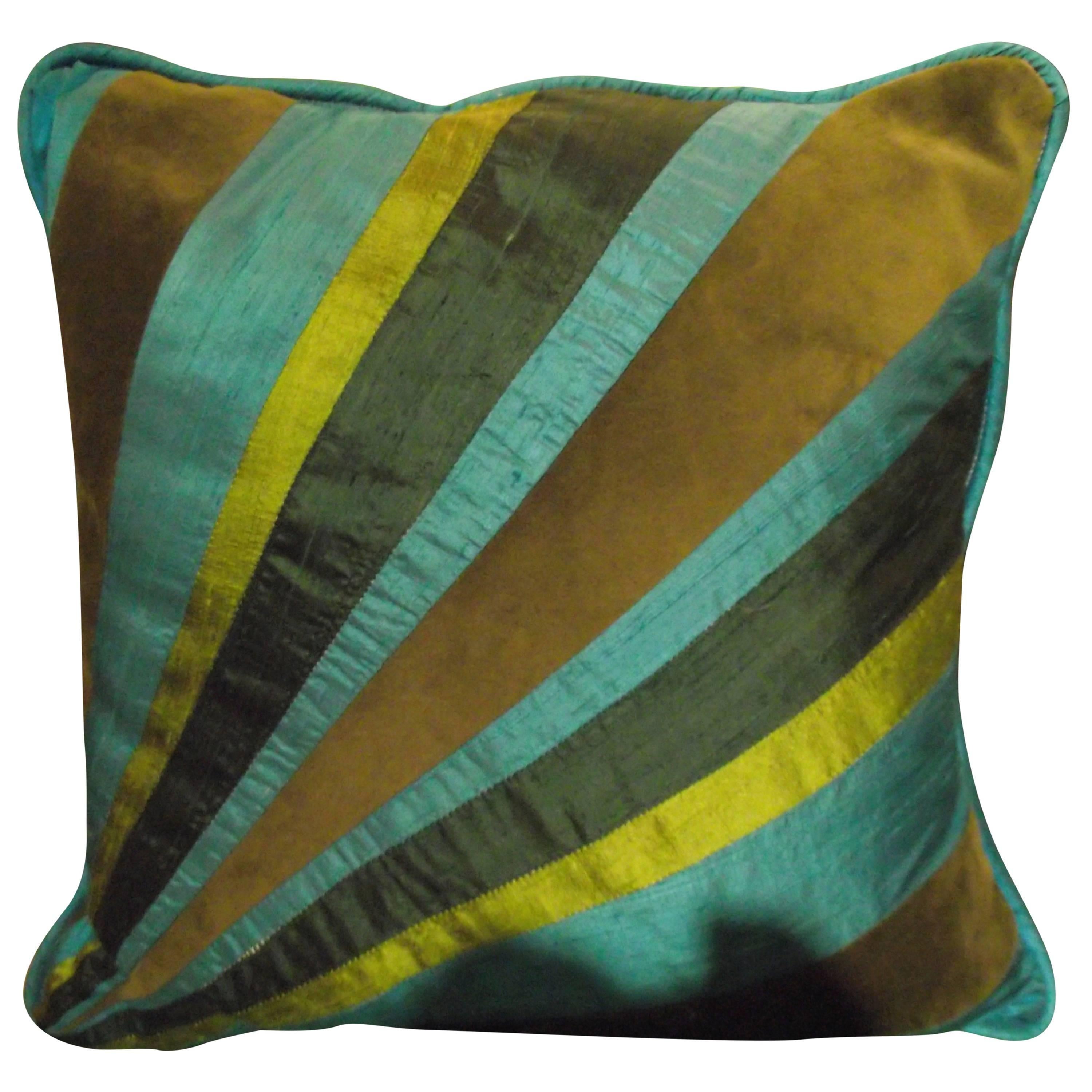 Throw Pillow of Turquoise Blue and Green Silk and Velvet In Diagonal Stripe  For Sale