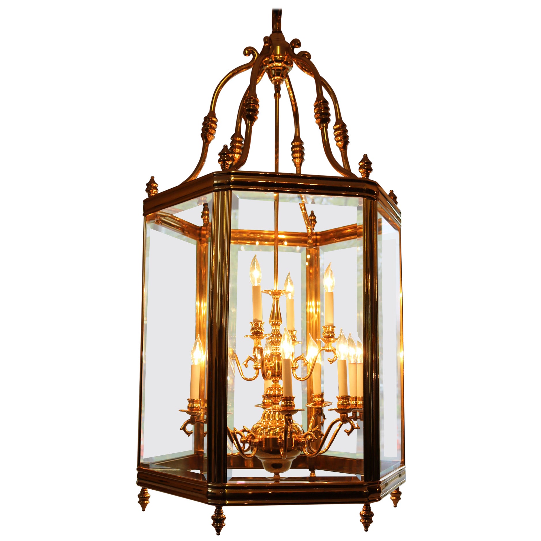 Monumental Over 4 FT Tall 12 Light Brass & Glass Chandelier Lantern For Sale