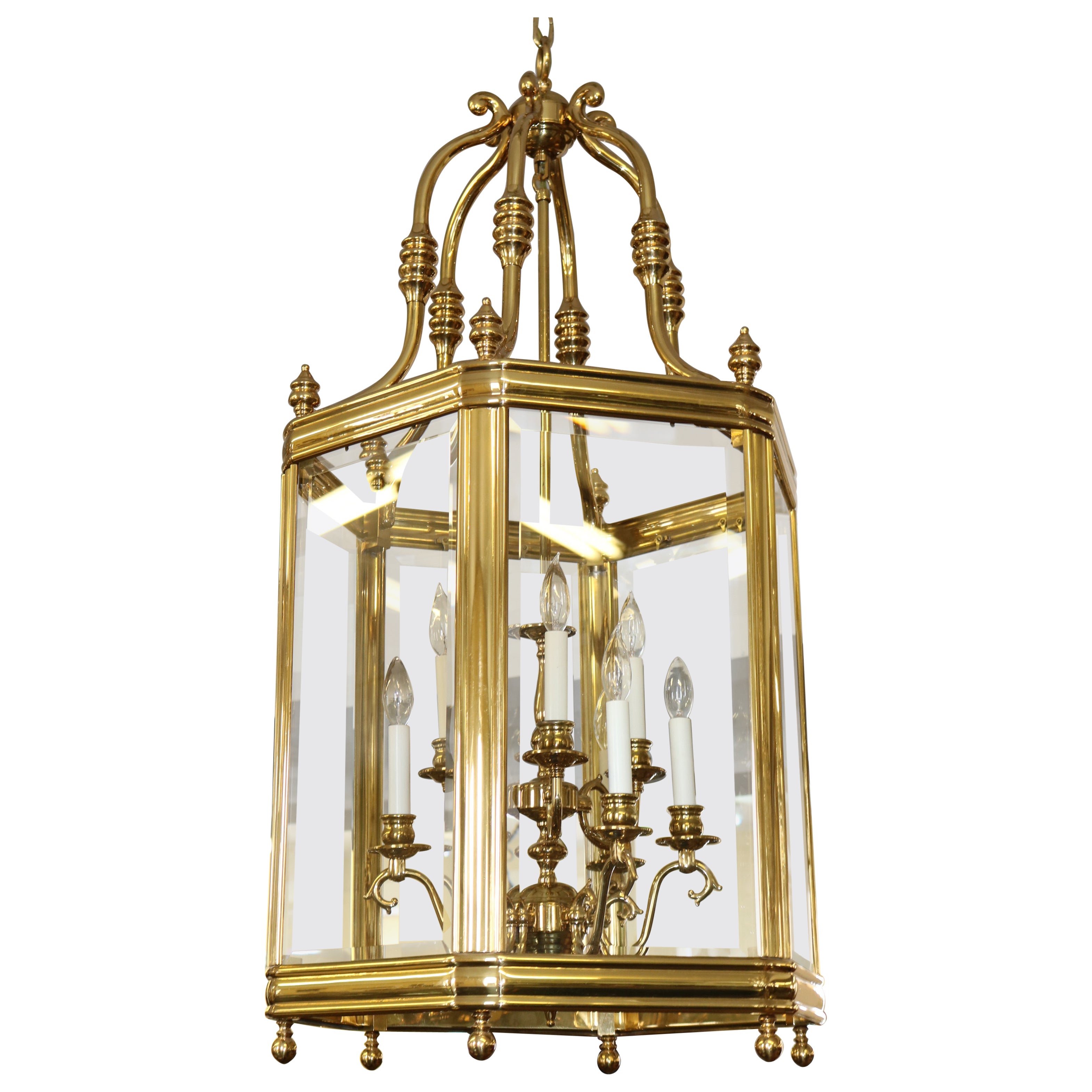 Large Brass Hexagon Shape Lantern Chandelier 9 Light Beveled Glass For Sale