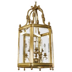 Vintage Large Brass Hexagon Shape Lantern Chandelier 9 Light Beveled Glass