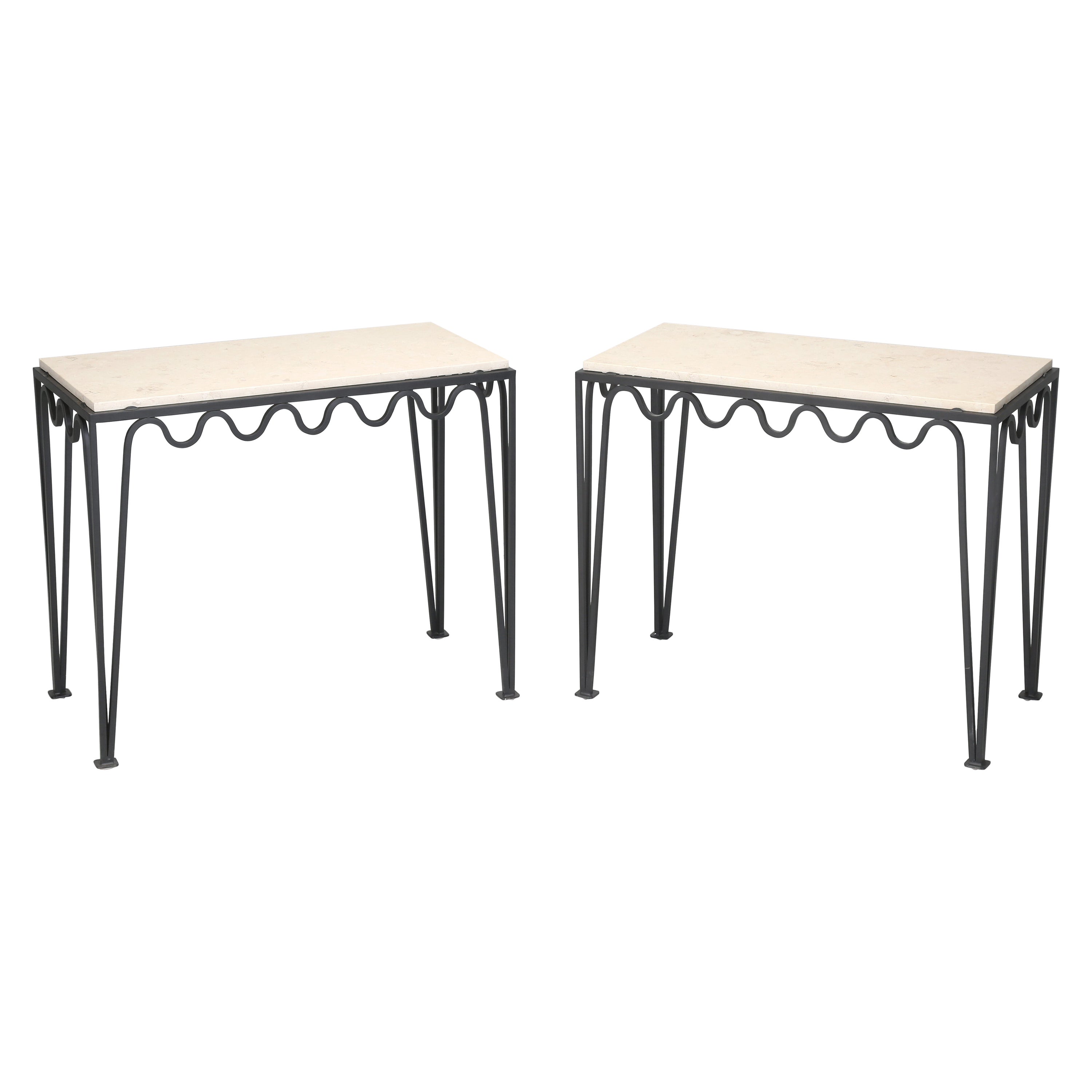 Pair Undulating 'Méandre' Wrought Iron and Limestone Consoles by Design Frères For Sale